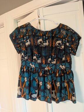 Anthropologie Black & Mustard Animal Print Peplum Top